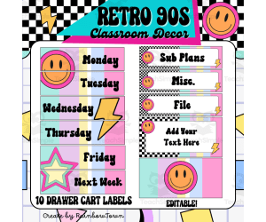 10 Drawer Cart Labels Editable 90s Retro Theme