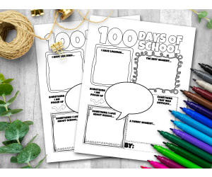 100th Day of School Worksheet, Writing Prompt Coloring Page Activity