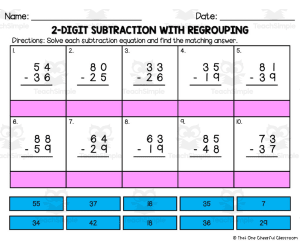 2 Digit Subtraction with Regrouping Matching Worksheet