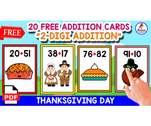 20 ADDITION CARDS OF 2-DIGIT ADDITION | THANKSGIVING DAY
