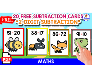 20 FLASHCARDS OF 2-DIGIT SUBTRACTION | ANIMALS THEMED