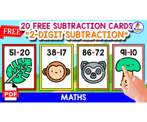 20 FLASHCARDS OF 2-DIGIT SUBTRACTION | JUNGLE THEMED