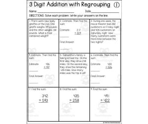3 Digit Addition with Regrouping Math Homework Sheets