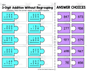3 Digit Addition without Regrouping Matching Worksheet