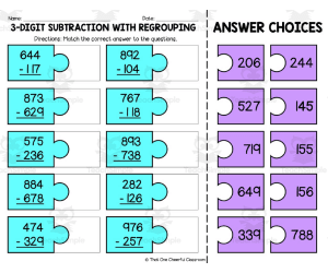 3 Digit Subtraction with Regrouping Matching Worksheet