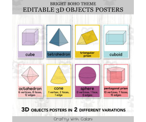3D Objects Posters, Geometry Math Decor in Bright Boho Design