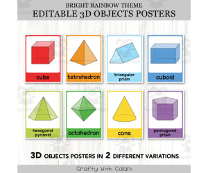 3D Objects Posters, Geometry Math Decor in Bright Rainbow Design
