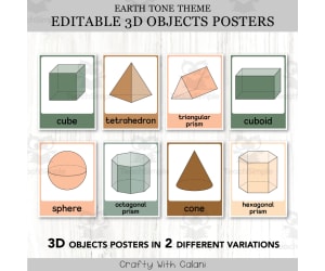 3D Objects Posters, Geometry Math Decor in Earth Tone Design
