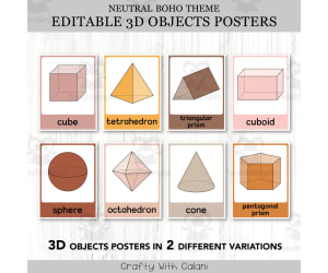 3D Objects Posters, Geometry Math Decor in Neutral Boho Design