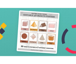 3D Objects Posters, Geometry Math Decor in Neutral Boho Design