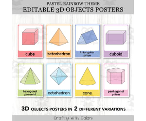 3D Objects Posters, Geometry Math Decor in Pastel Rainbow Design