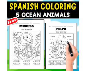5 OCEAN ANIMALS IN SPANISH | COLORING PAGES