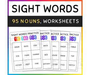 95 Nouns Sight Words Tic Tac Toe Game Practice Worksheets