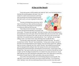 A Day at the Beach Reading Comprehension Worksheet