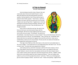 A Trip to Hawaii Reading Comprehension Worksheet
