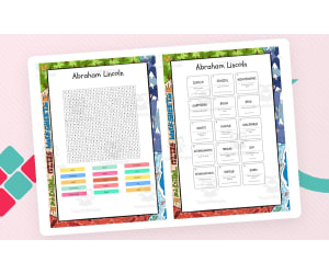 Abraham Lincoln word search, scramble and crossword puzzle