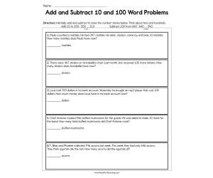Add and Subtract 10 and 100 Word Problems Worksheet