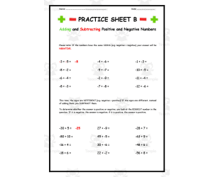Adding and Subtracting Positive and Negative Numbers Practice Sheet B