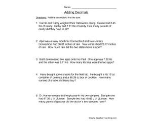 Adding Decimals Word Problems Worksheet