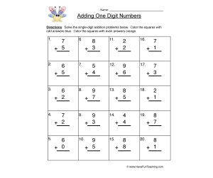 Adding One Digit Numbers Worksheet