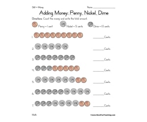 Adding Penny, Nickel, Dime Coins Worksheet