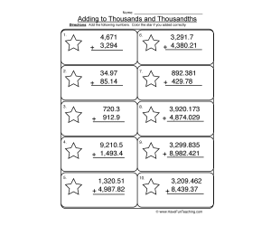 Adding Thousands Thousandths Worksheet