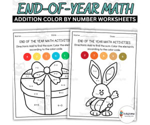Addition Color by Number Worksheets: End-of-Year Math Activities