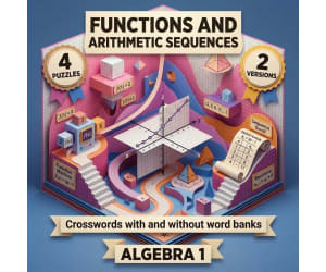 Algebra 1 Functions and Arithmetic Sequences Crosswords with Word Bank