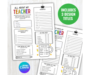 All About My Teacher, Teacher Favorite Thing Form, First Day Of School
