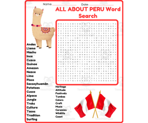 ALL ABOUT PERU Word Search Puzzle Worksheet Activity