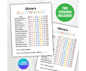 Allowance Chart Tracker For Kids | Money Reward Printable