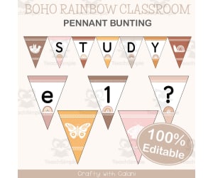 Alphabet Pennant Bunting in Boho Rainbow Theme - 100% Editable