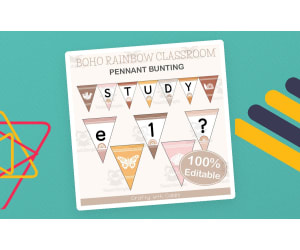 Alphabet Pennant Bunting in Boho Rainbow Theme - 100% Editable