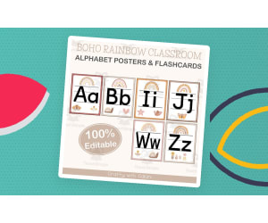 Alphabet Poster & Flashcards in Boho Rainbow Theme - 100% Editable