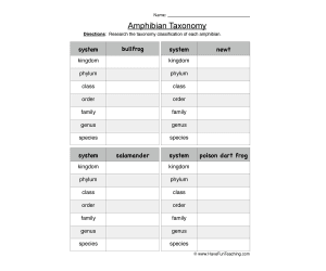 Amphibian Taxonomy Worksheet