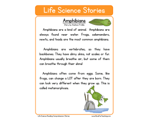 Amphibians Life Science Reading Comprehension Worksheet