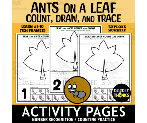 Ants on a Leaf Count Draw Trace Ten Frames Activity Worksheets