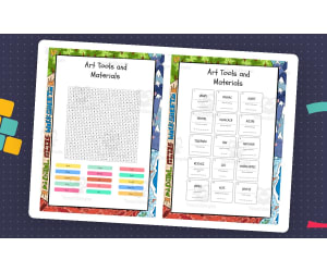 Art Tools and Materials word search, scramble and crossword puzzle