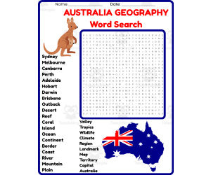 AUSTRALIA GEOGRAPHY Word Search Puzzle Worksheet Activity