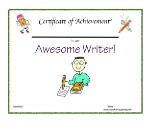 Awesome Writer Reward Certificate for Boys