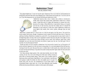Badminton Time Reading Comprehension Worksheet