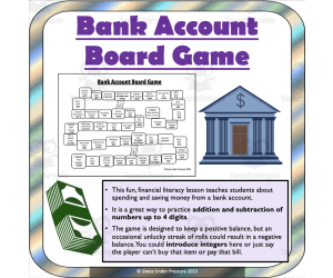 Bank Account Board Game: A Fun, Financial Literacy Lesson for Addition, Subtraction, or Integer Practice (Grades 3-7)