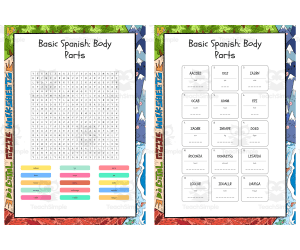 Basic Spanish Body Parts word search, scramble and crossword puzzle