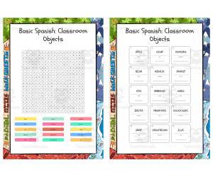 Basic Spanish Classroom Objects word search, scramble and crossword pu