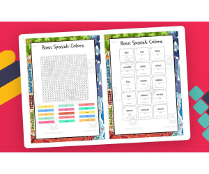 Basic Spanish Colors word search, scramble and crossword puzzle