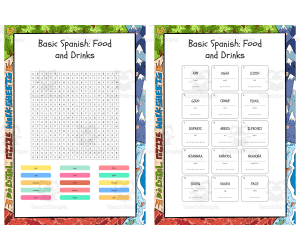 Basic Spanish Food and Drinks word search, scramble and crossword puzz