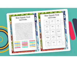 Basic Spanish Food and Drinks word search, scramble and crossword puzz