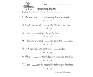 Beginning Blends Fill in the Blank Worksheet