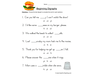 Beginning Digraphs Fill in the Blank Worksheet