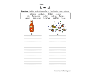 Beginning Sounds K-C Sort Worksheet